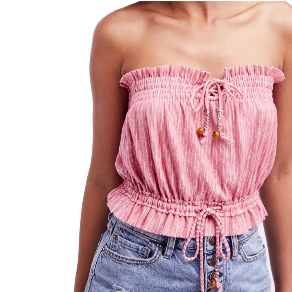Free People Dusty Pink Strapless Smocked Tie-Front Crop Top